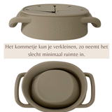Edessa Grabbel Snackkom in diverse settings, toont veelzijdigheid van gebruik thuis en onderweg, veilig voor kinderen.