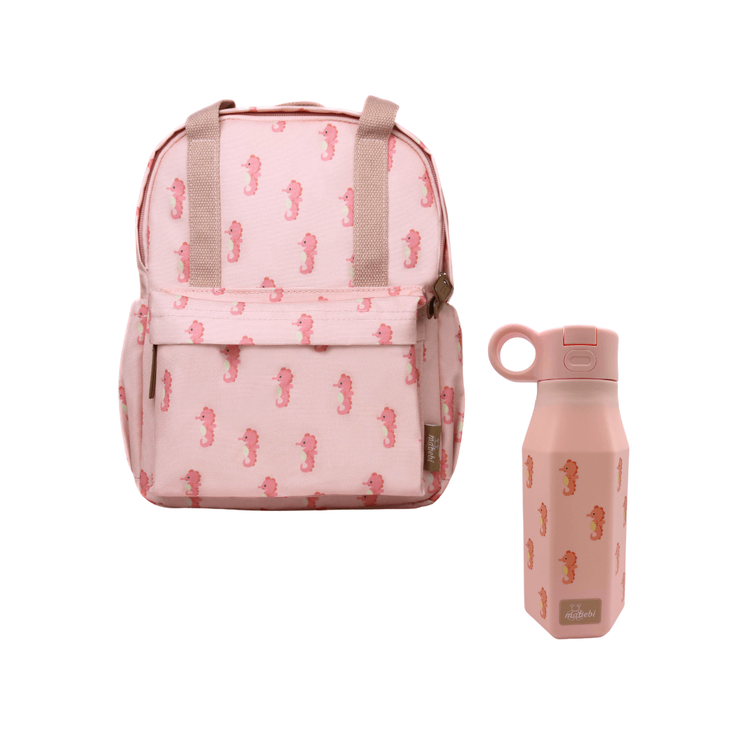 Back 2 school set; kleuterrugzak en siliconen drinkfles, zeepaardjes roze