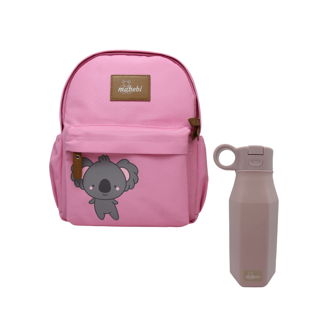 Back 2 school set; duurzame kleuterrugzak, Koala roze en siliconen drinkfles roze