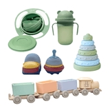 Toyama treinset, Qormi speelset blauw, Bombala stapelringen groen, Miracle oefenkom groen, Magic oefenbeker groen, close up. 