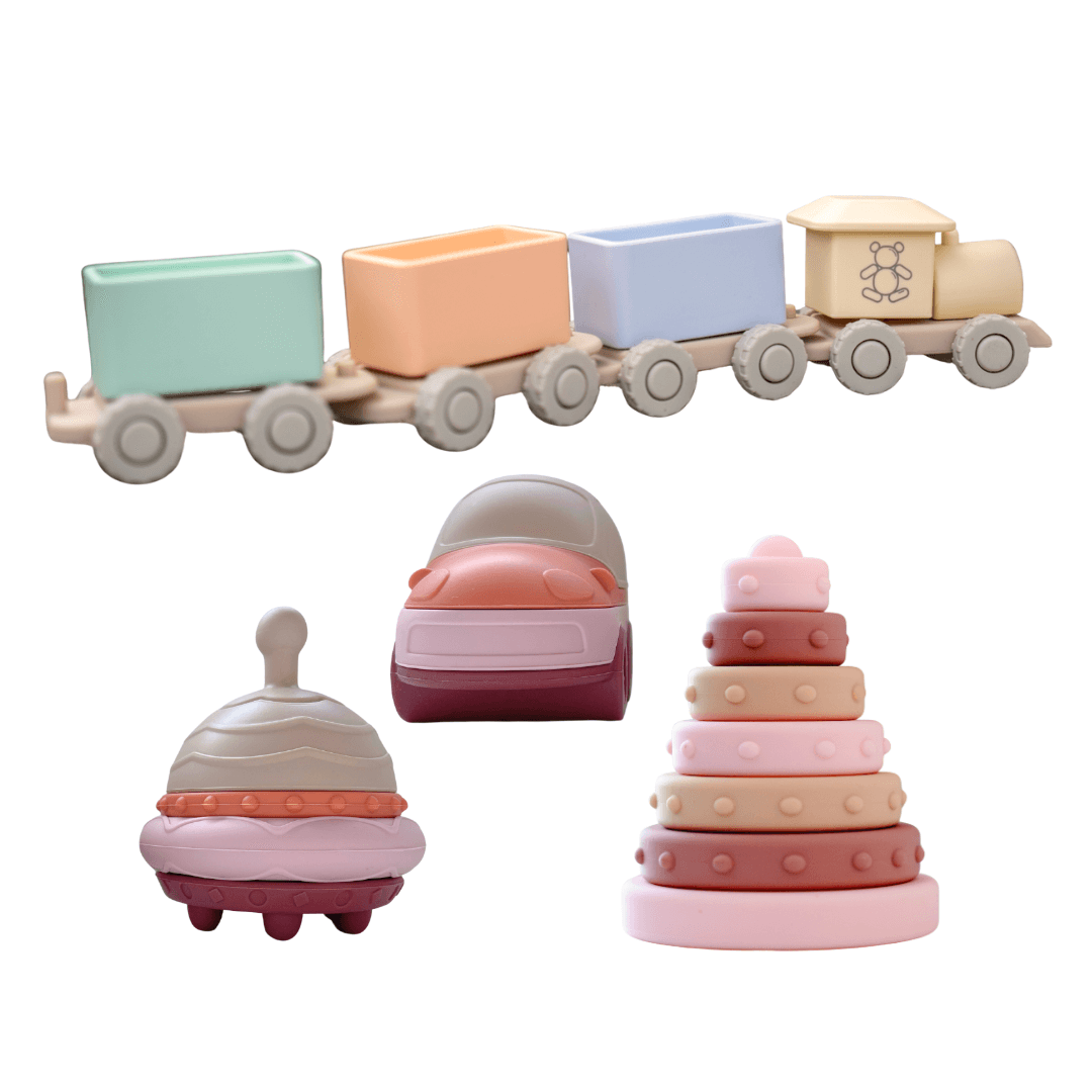 Toyama treinset multi, qormi speelset (auto en ufo) roze, Bombala stapelringen roze. 